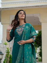 Luxury Rama Green Premium Roman Silk Suit Set