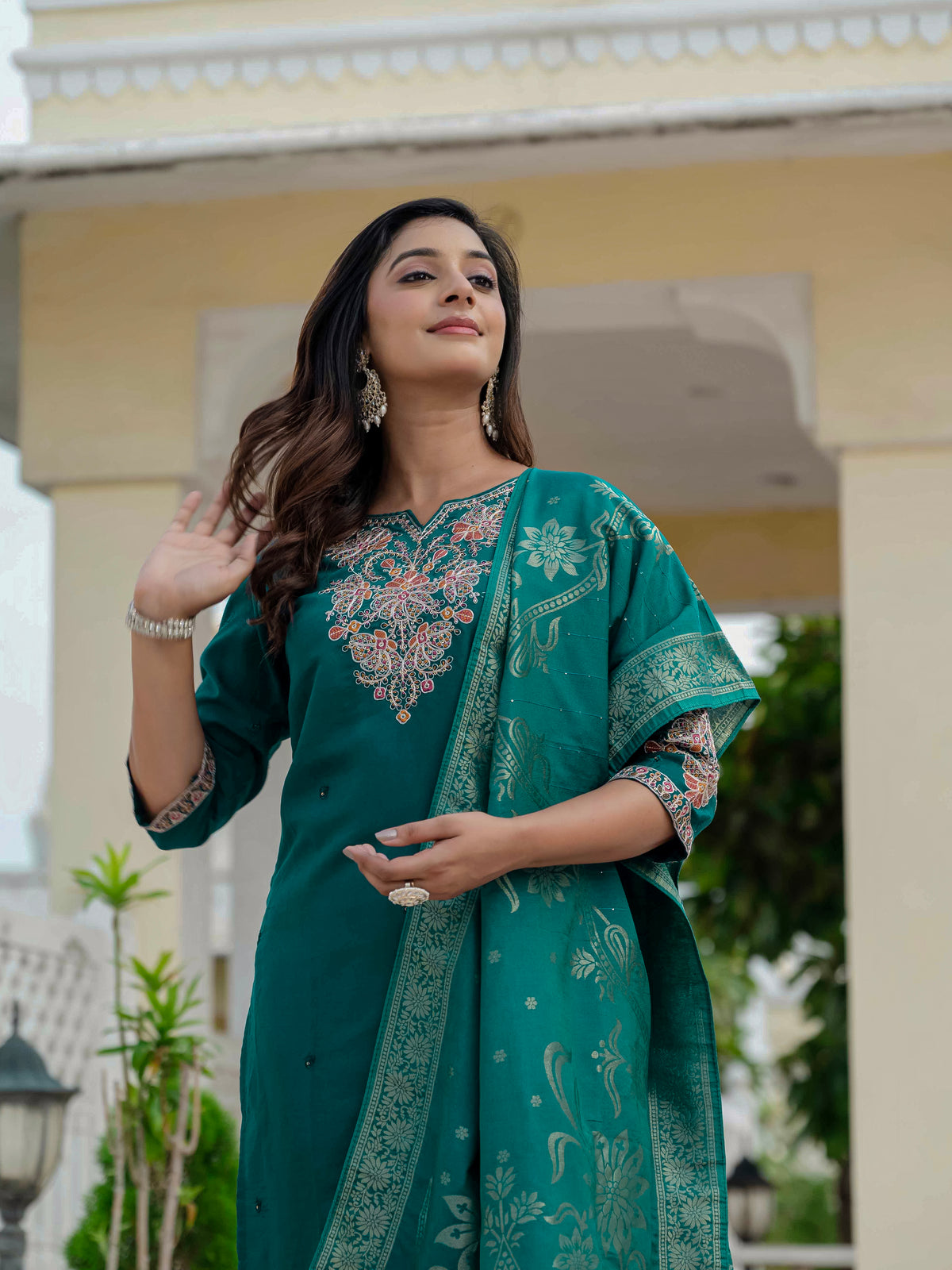 Luxury Rama Green Premium Roman Silk Suit Set