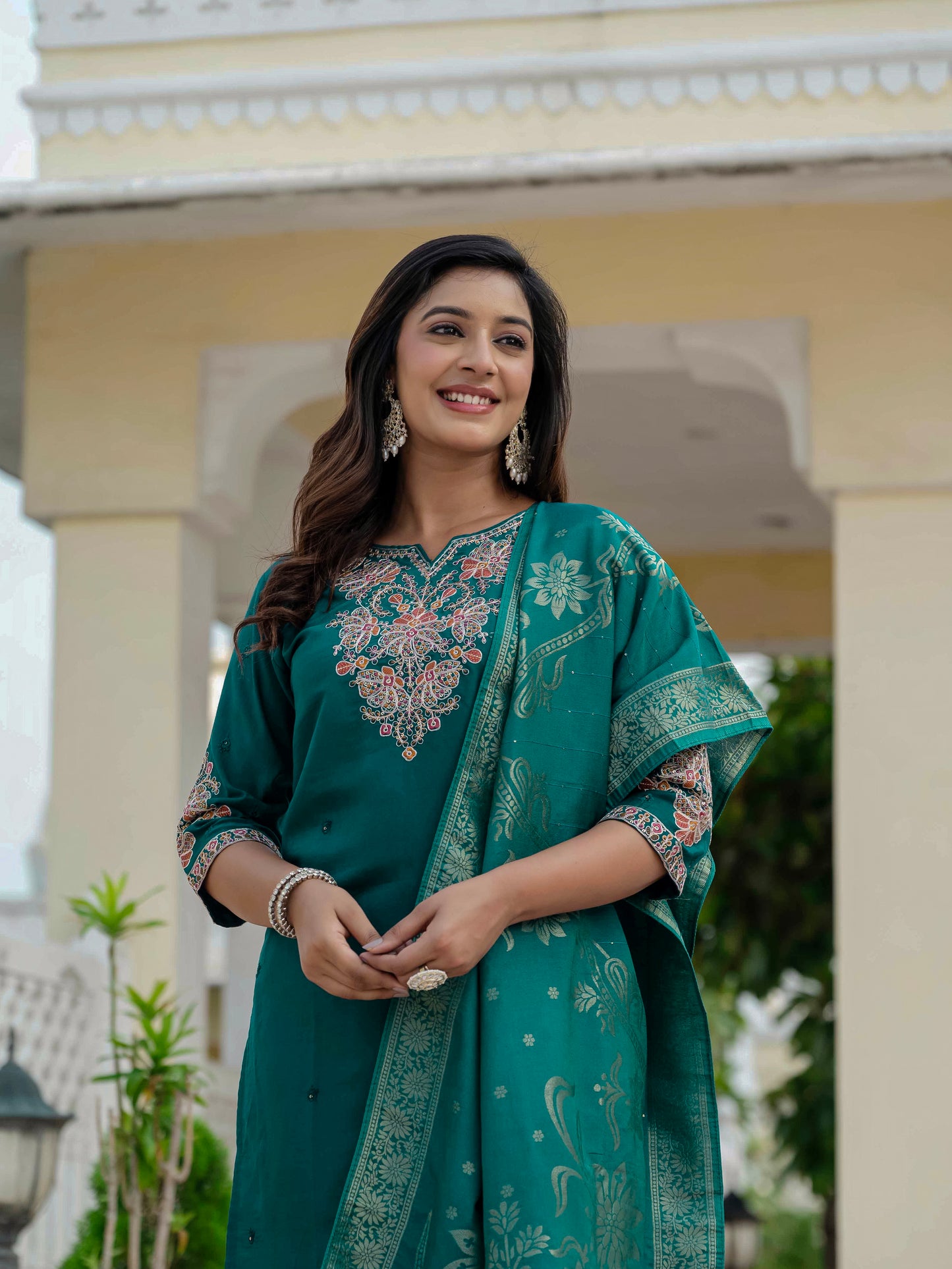 Luxury Rama Green Premium Roman Silk Suit Set