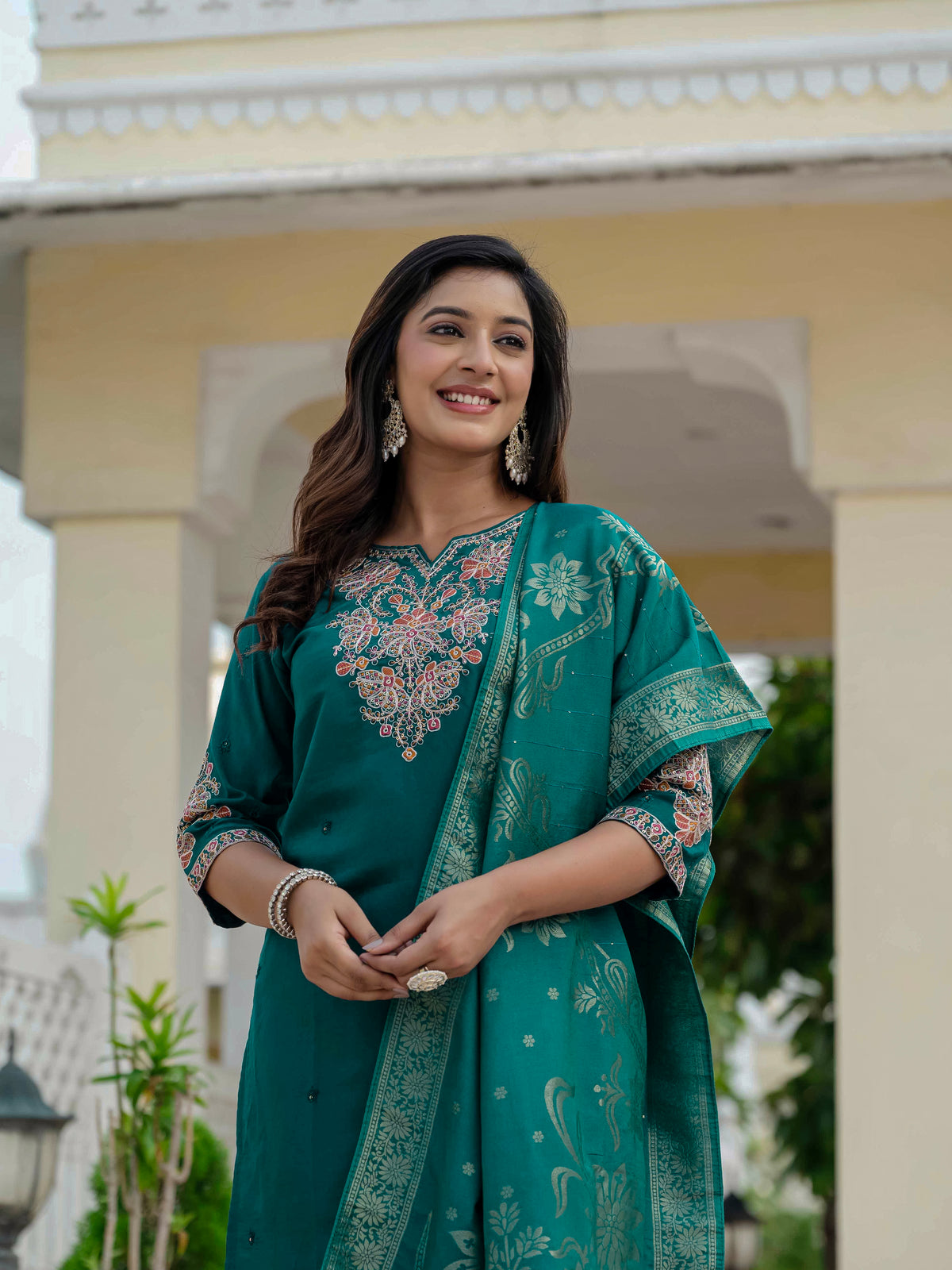 Luxury Rama Green Premium Roman Silk Suit Set