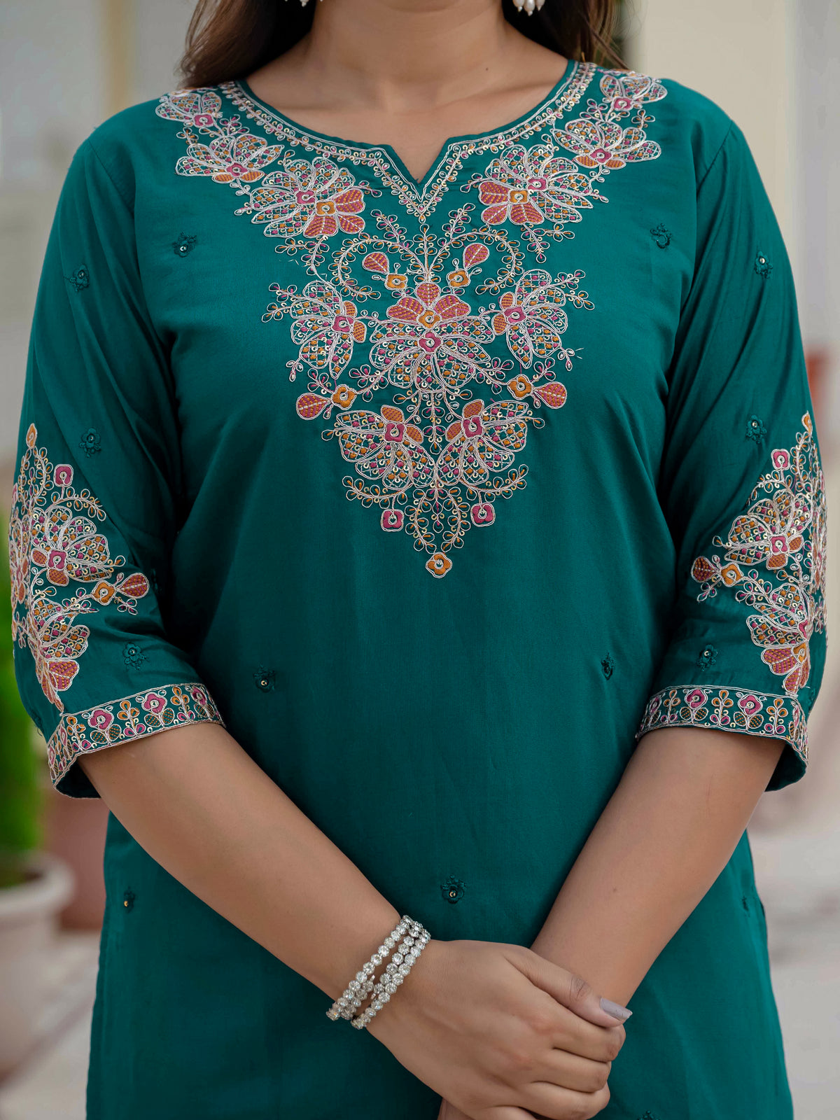 Luxury Rama Green Premium Roman Silk Suit Set