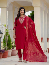 Luxury Maroon Premium Roman Silk Suit Set