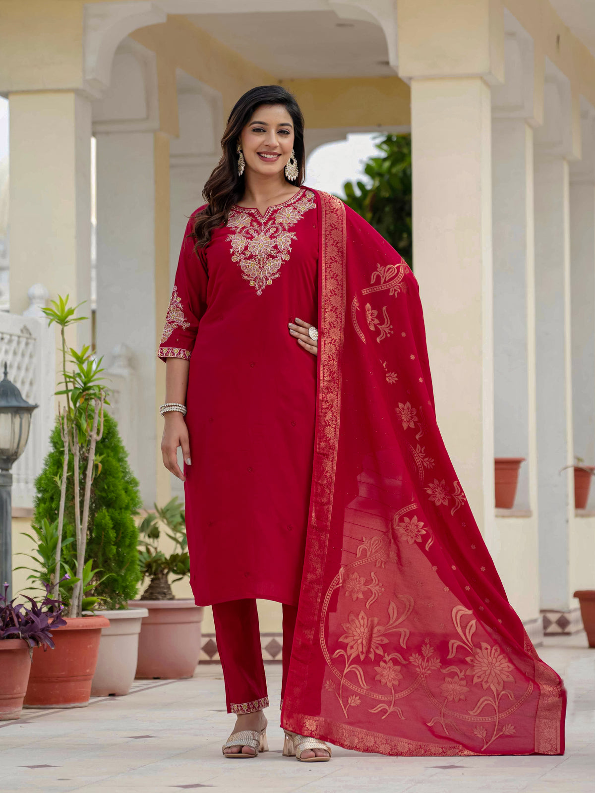 Luxury Maroon Premium Roman Silk Suit Set