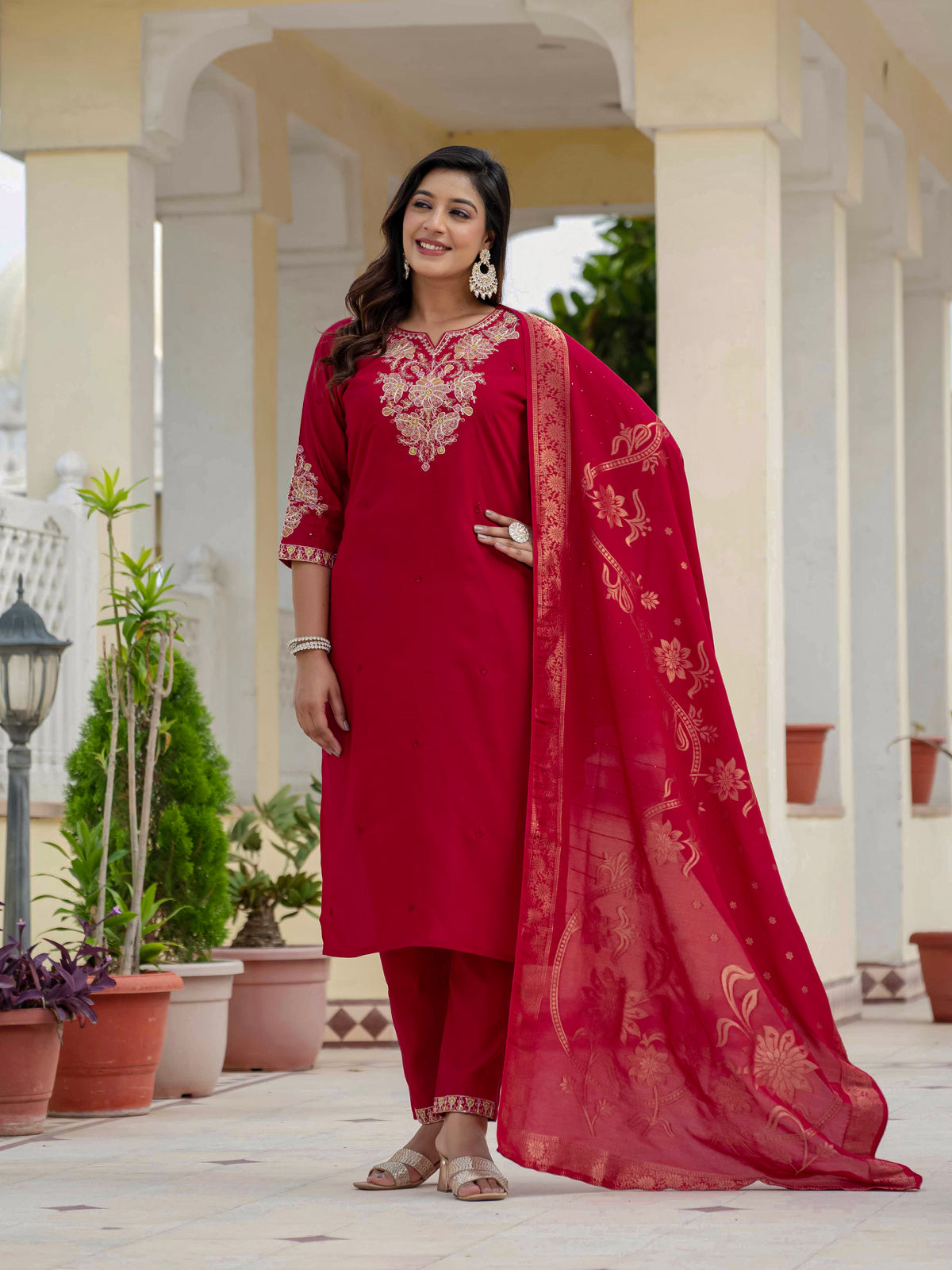 Luxury Maroon Premium Roman Silk Suit Set