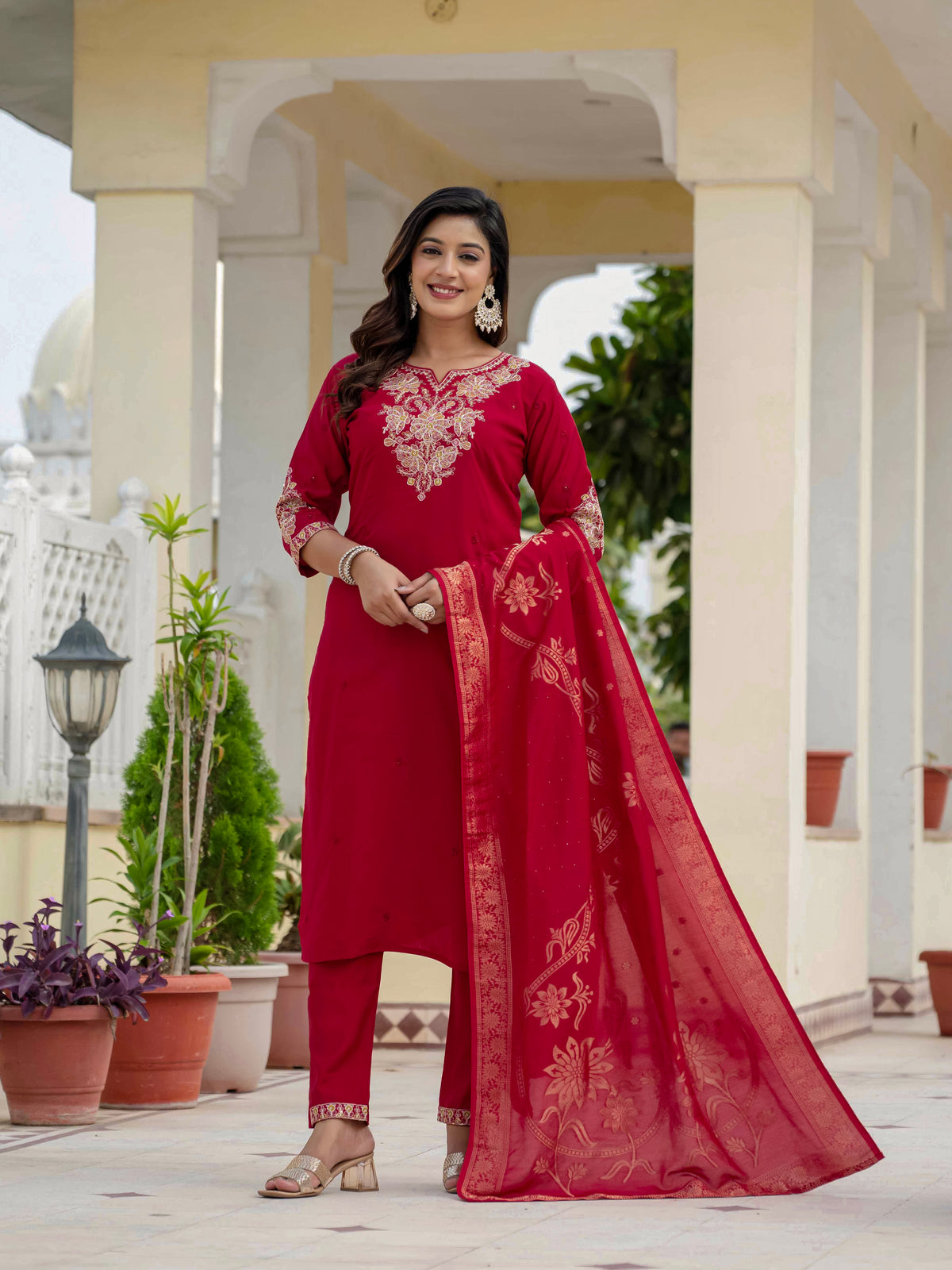 Luxury Maroon Premium Roman Silk Suit Set