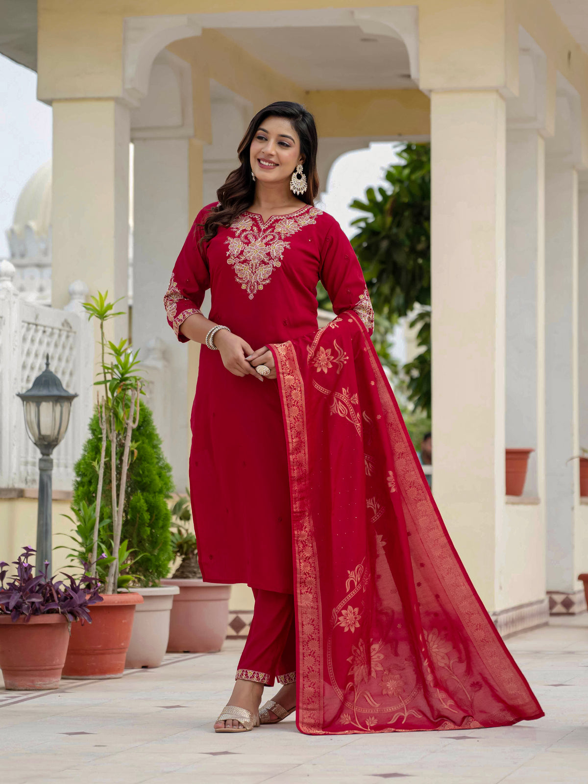 Luxury Maroon Premium Roman Silk Suit Set