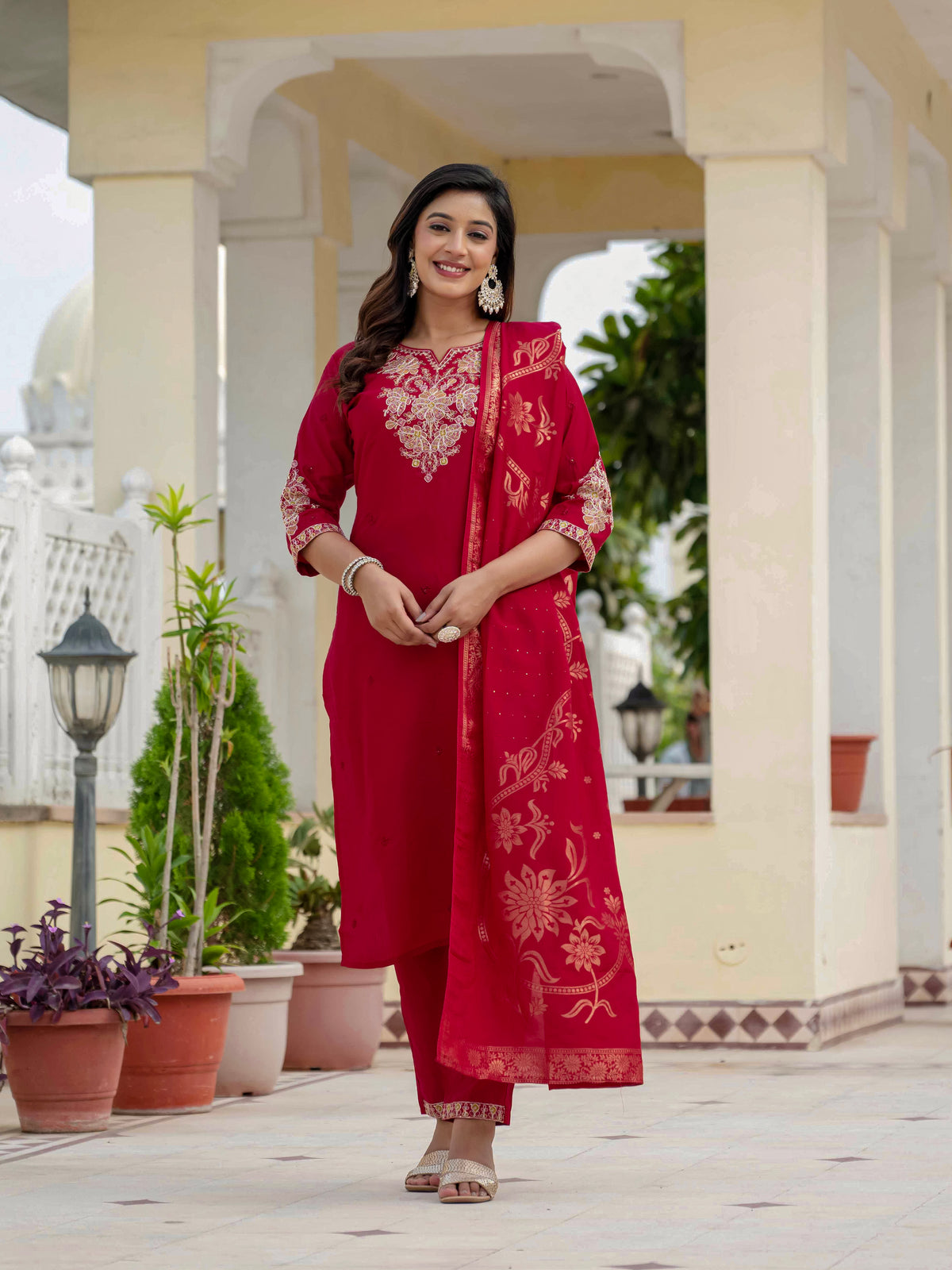 Luxury Maroon Premium Roman Silk Suit Set