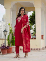 Luxury Maroon Premium Roman Silk Suit Set