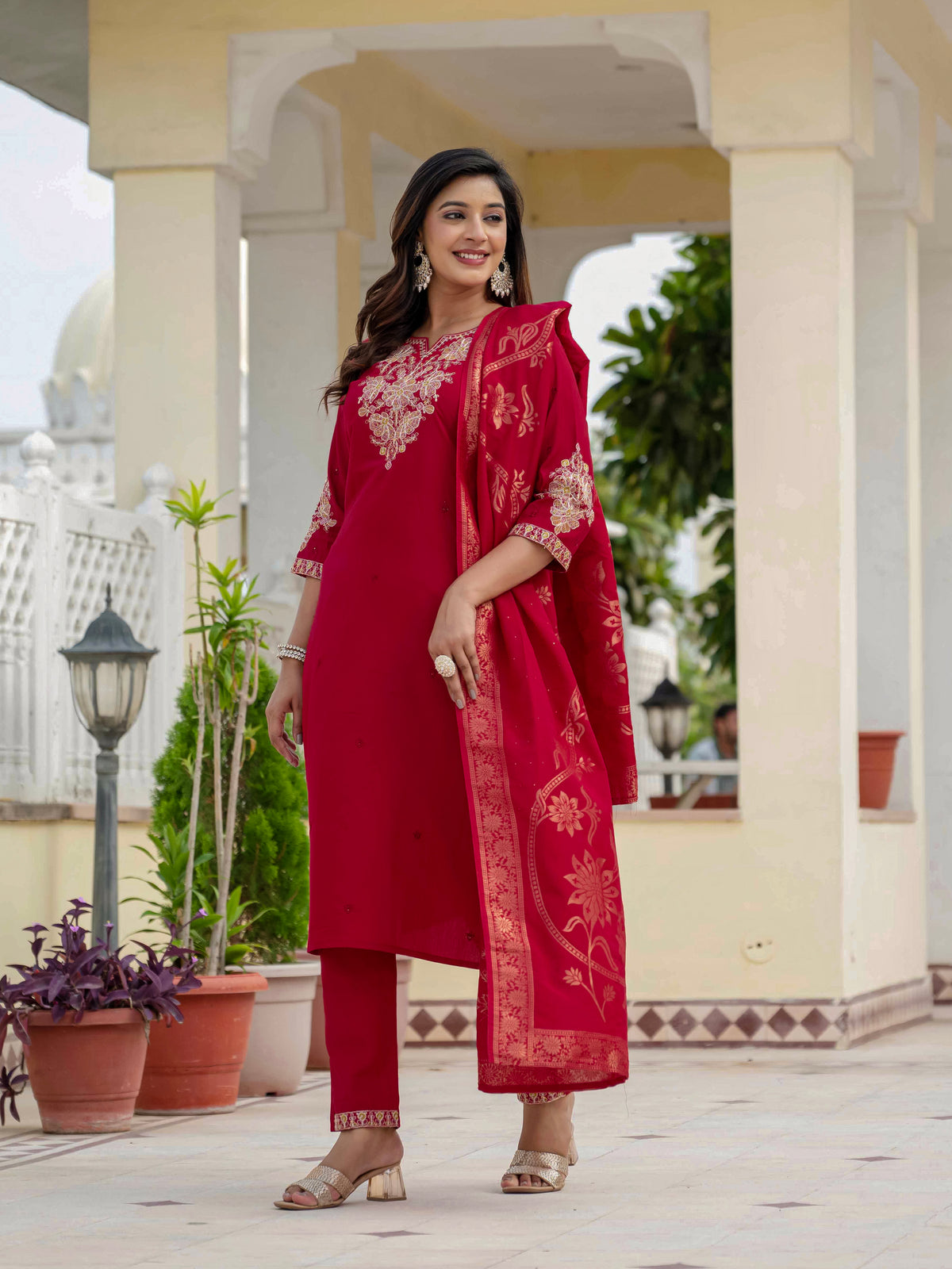 Luxury Maroon Premium Roman Silk Suit Set