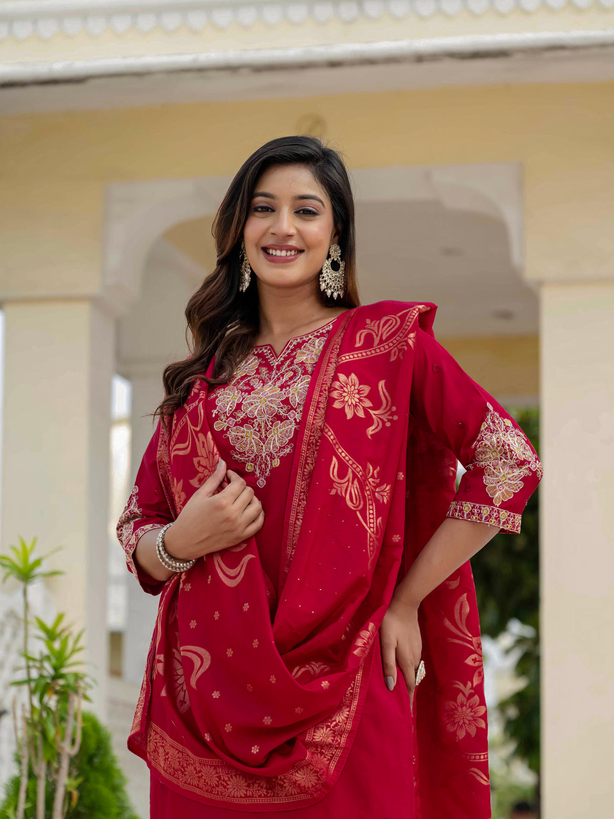 Luxury Maroon Premium Roman Silk Suit Set