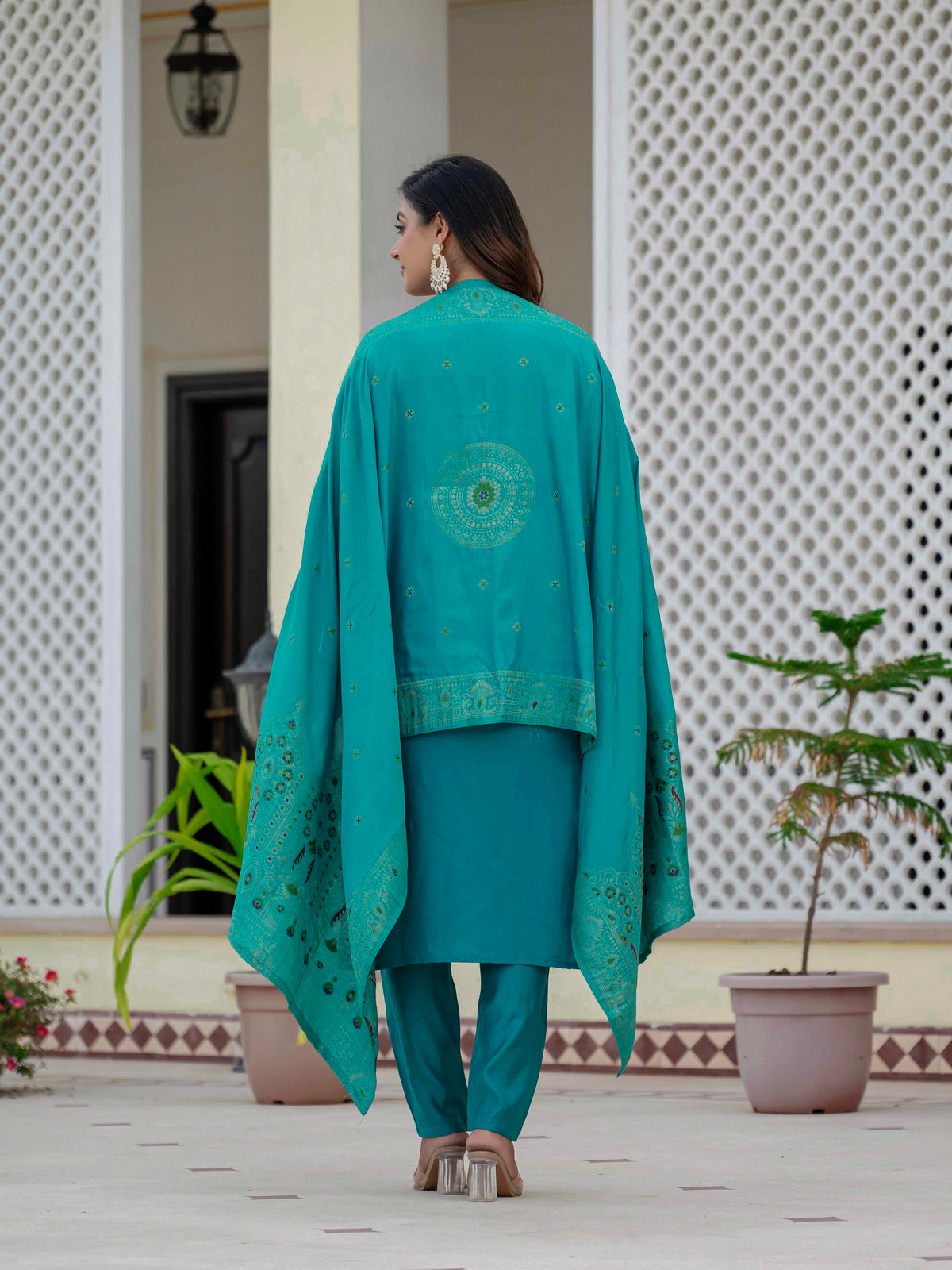 Elegant Firozi Premium Roman Silk Suit Set