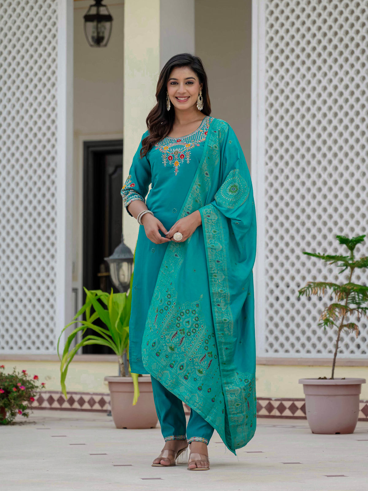Elegant Firozi Premium Roman Silk Suit Set