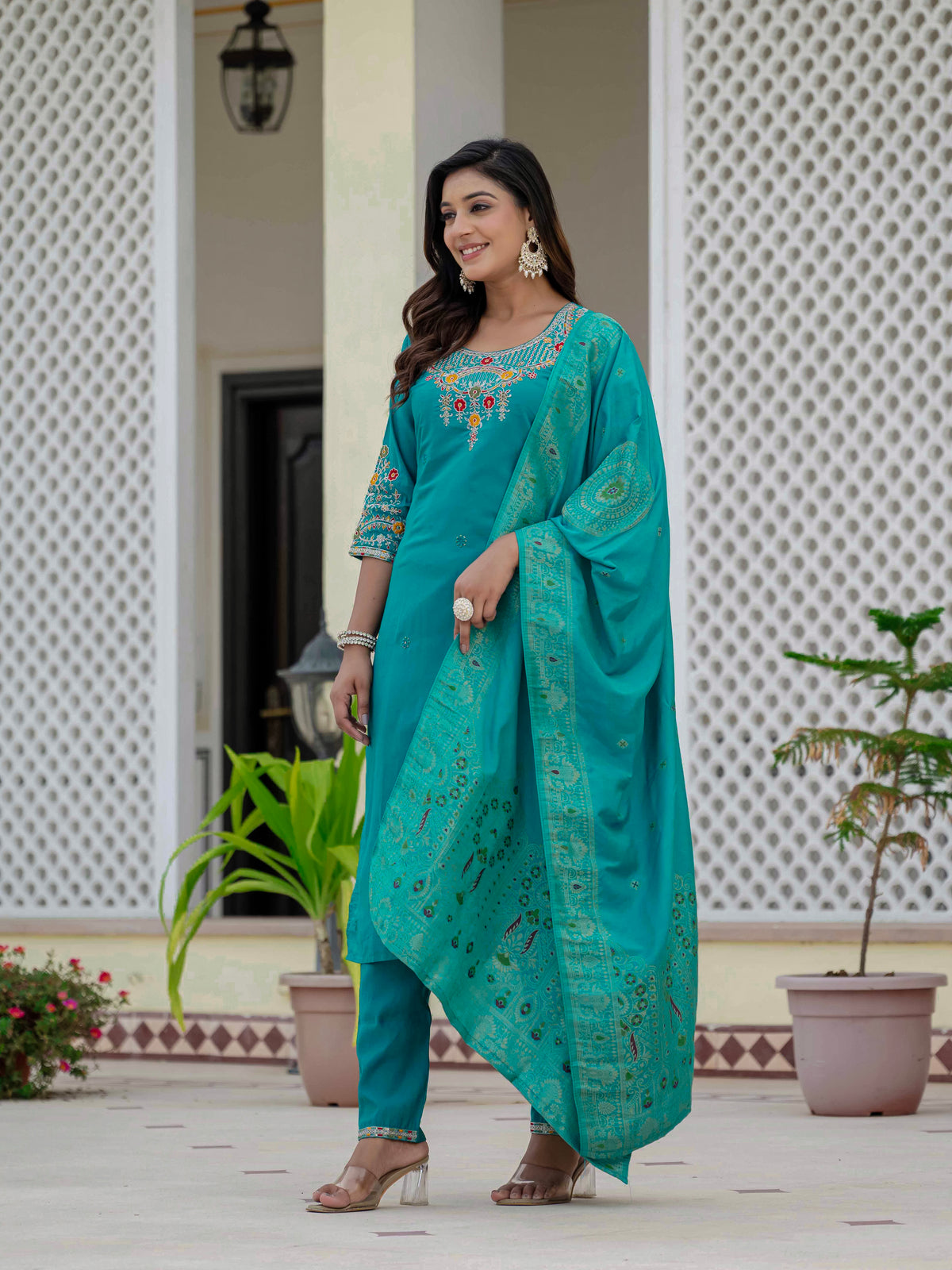 Elegant Firozi Premium Roman Silk Suit Set