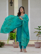 Elegant Firozi Premium Roman Silk Suit Set