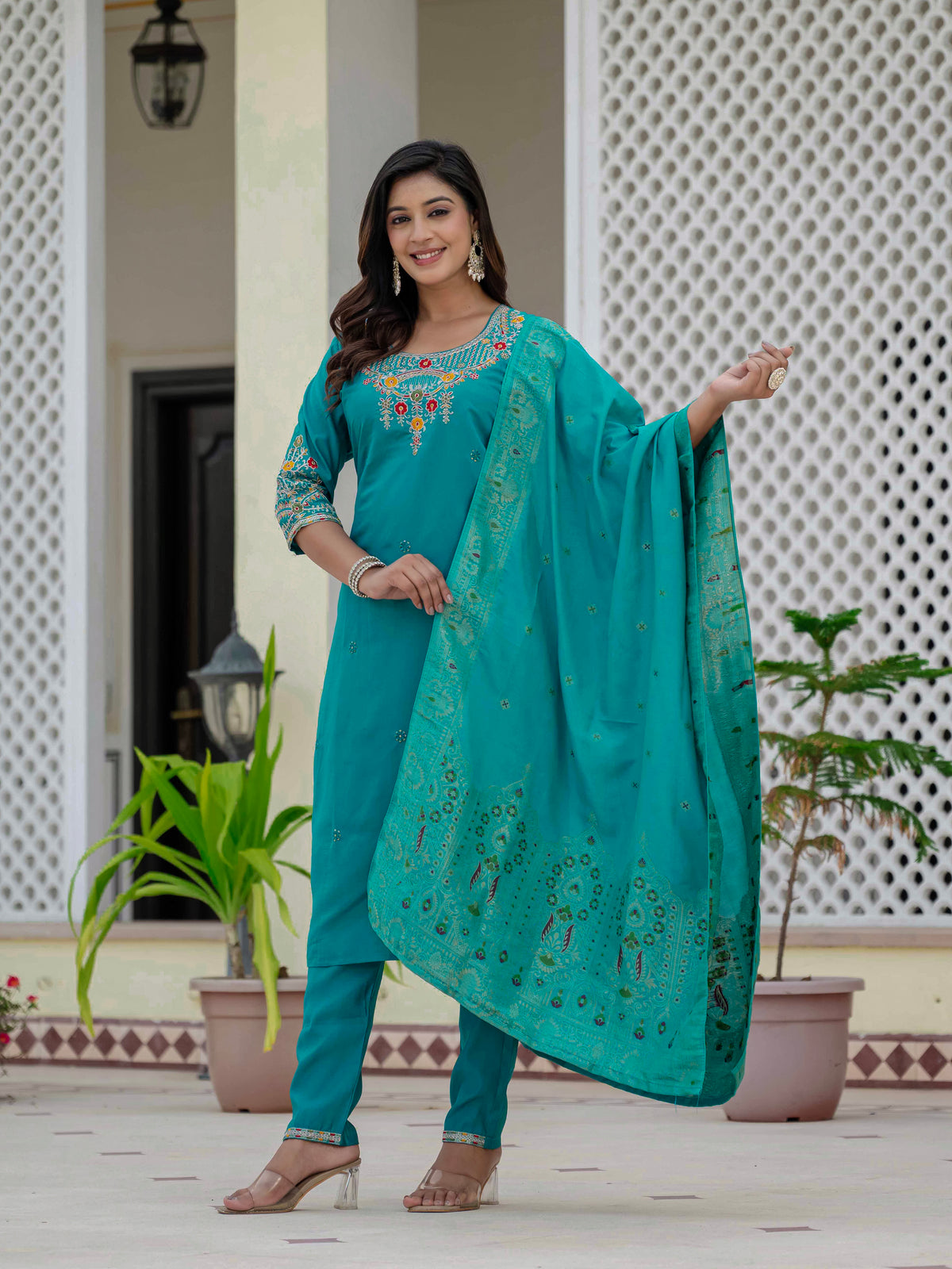 Elegant Firozi Premium Roman Silk Suit Set