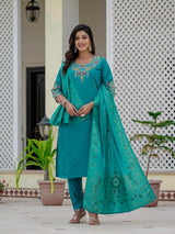 Elegant Firozi Premium Roman Silk Suit Set