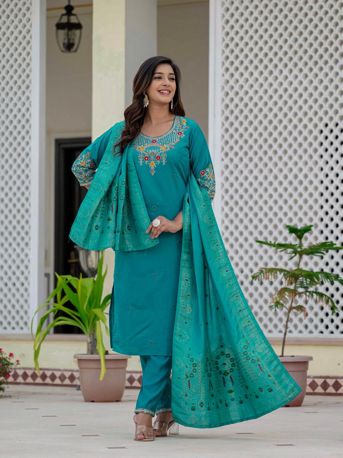 Elegant Firozi Premium Roman Silk Suit Set
