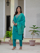 Elegant Firozi Premium Roman Silk Suit Set