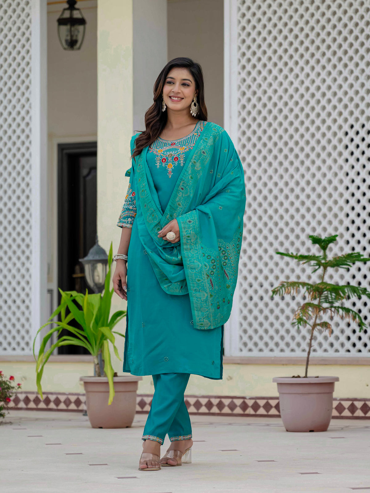 Elegant Firozi Premium Roman Silk Suit Set