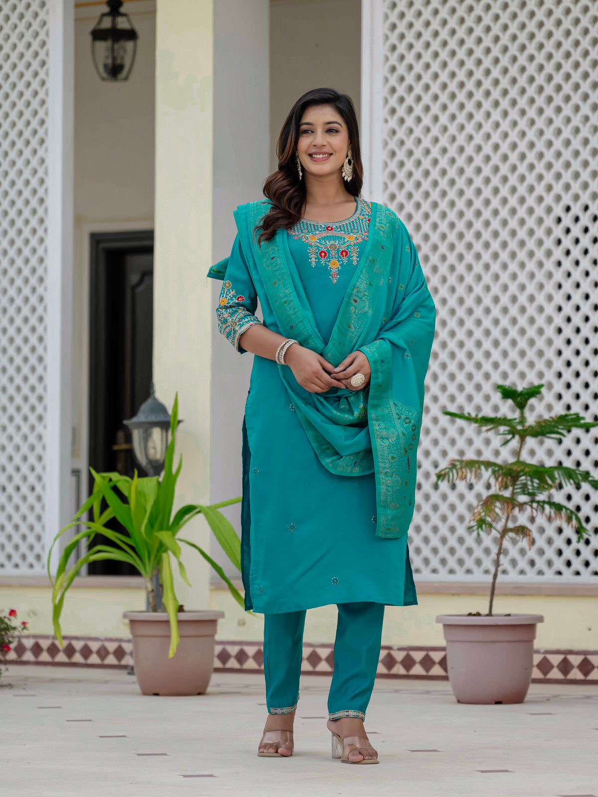 Elegant Firozi Premium Roman Silk Suit Set