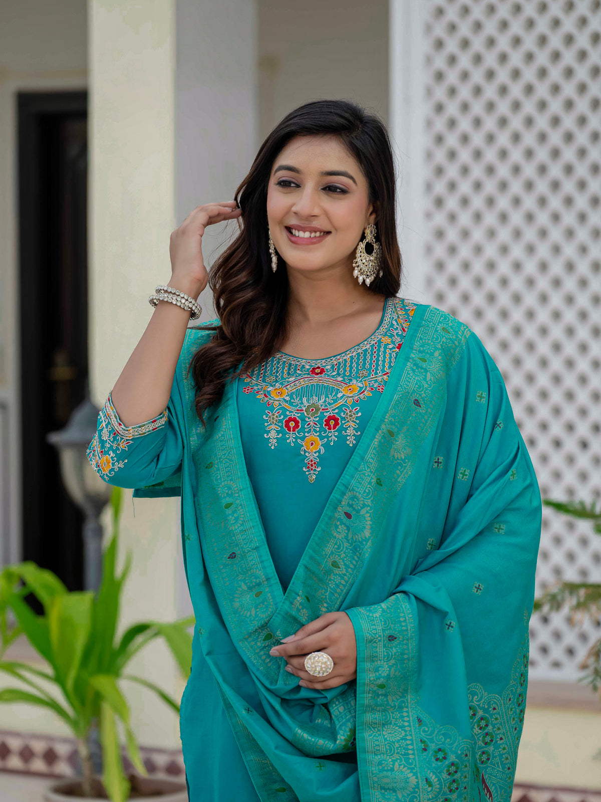 Elegant Firozi Premium Roman Silk Suit Set