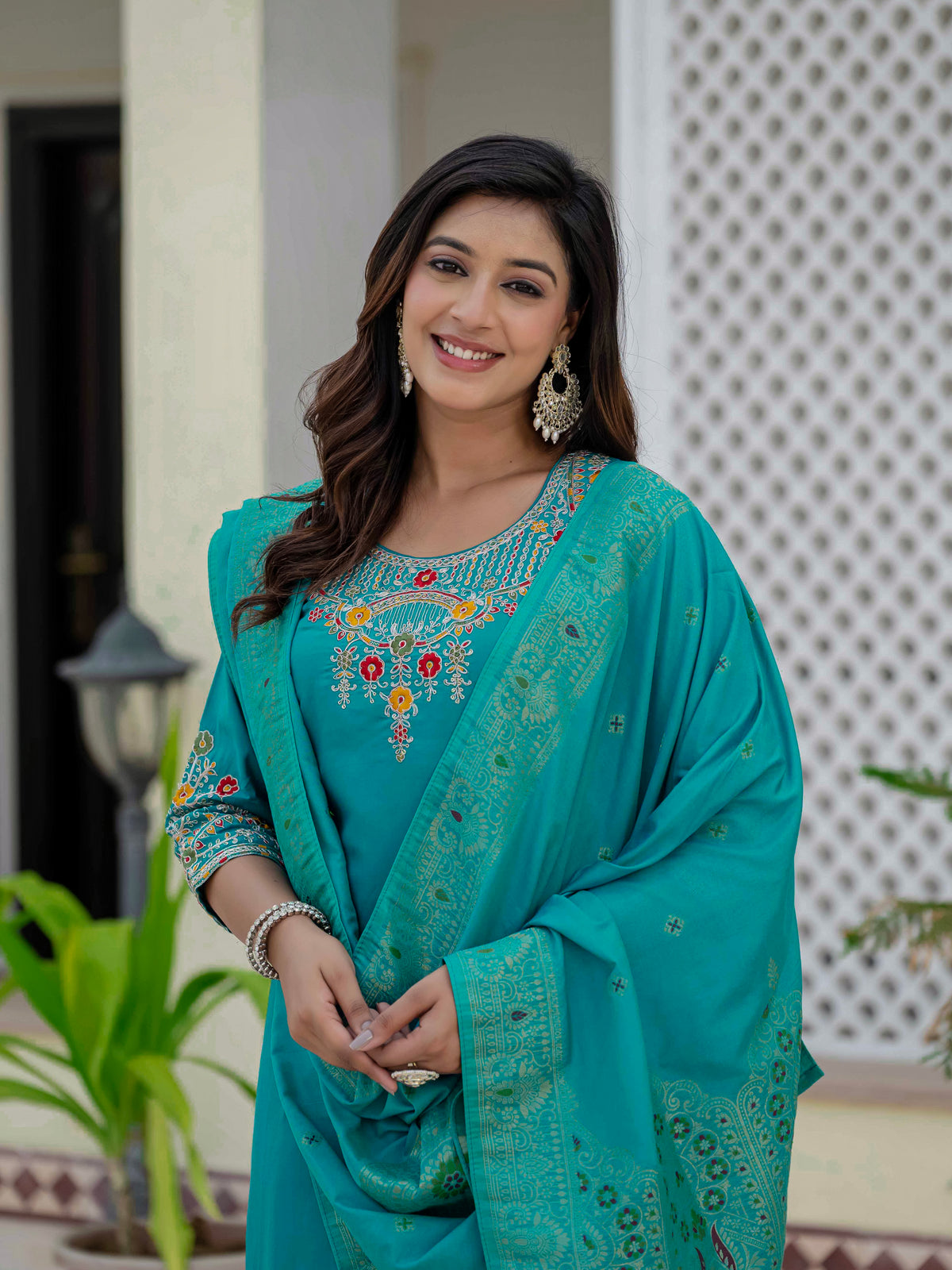 Elegant Firozi Premium Roman Silk Suit Set