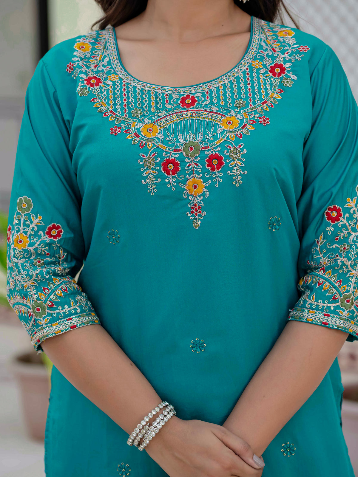 Elegant Firozi Premium Roman Silk Suit Set