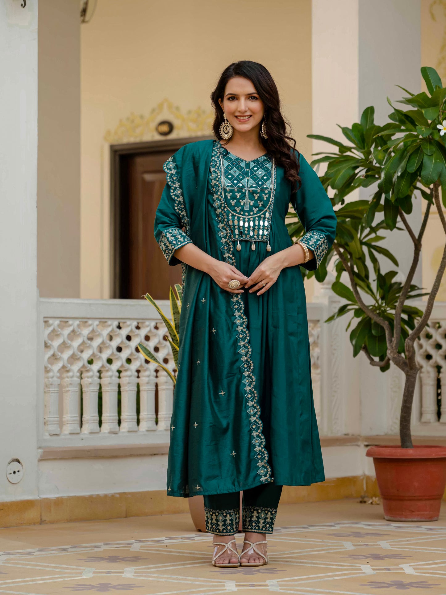 Teal Viscose Roman Silk Anarkali Kurti Pant Set