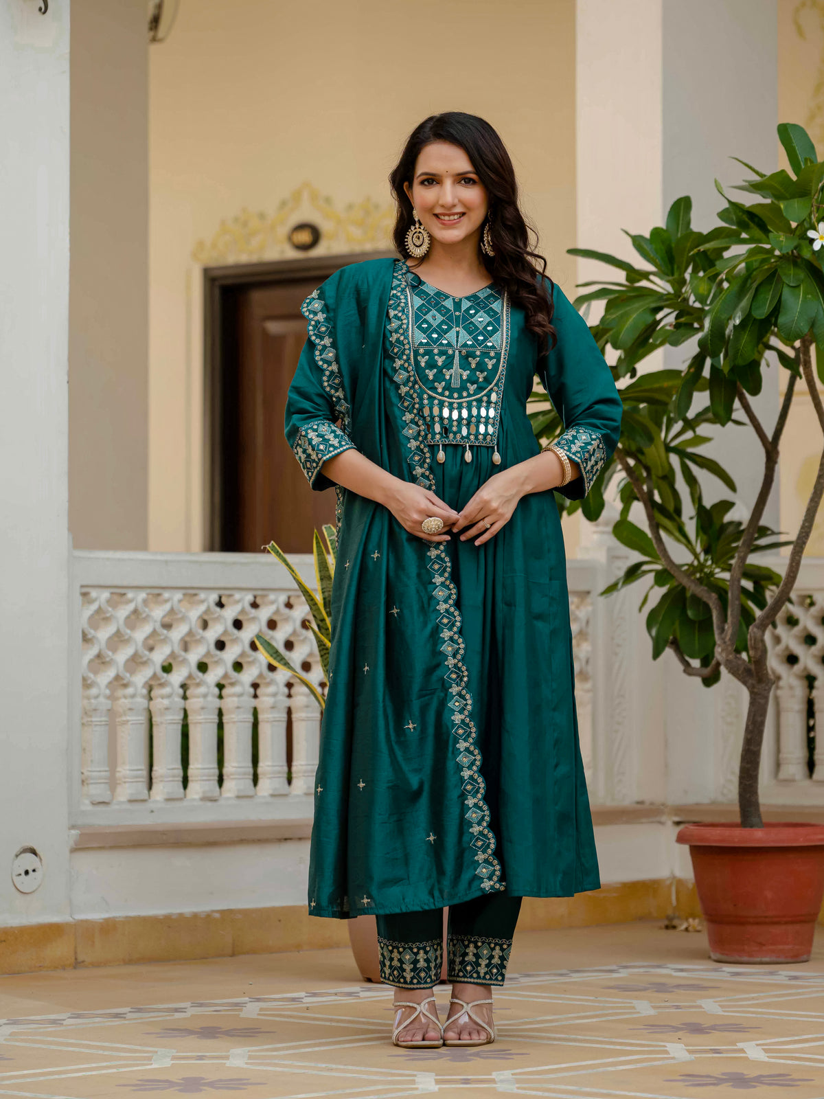 Teal Viscose Roman Silk Anarkali Kurti Pant Set