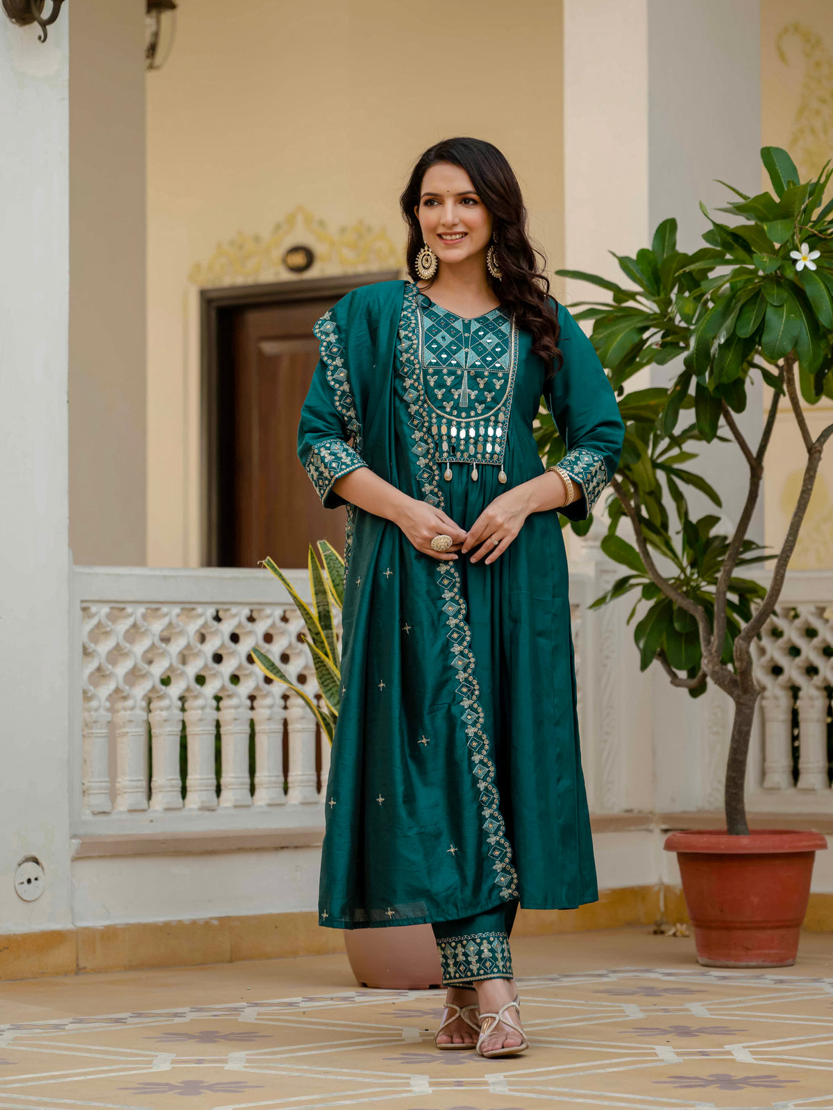 Teal Viscose Roman Silk Anarkali Kurti Pant Set