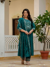 Teal Viscose Roman Silk Anarkali Kurti Pant Set