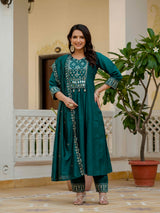 Teal Viscose Roman Silk Anarkali Kurti Pant Set