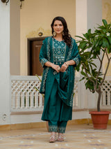 Teal Viscose Roman Silk Anarkali Kurti Pant Set
