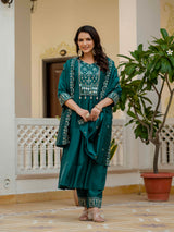 Teal Viscose Roman Silk Anarkali Kurti Pant Set