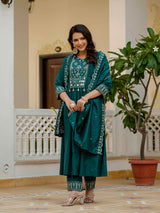 Teal Viscose Roman Silk Anarkali Kurti Pant Set