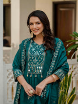 Teal Viscose Roman Silk Anarkali Kurti Pant Set