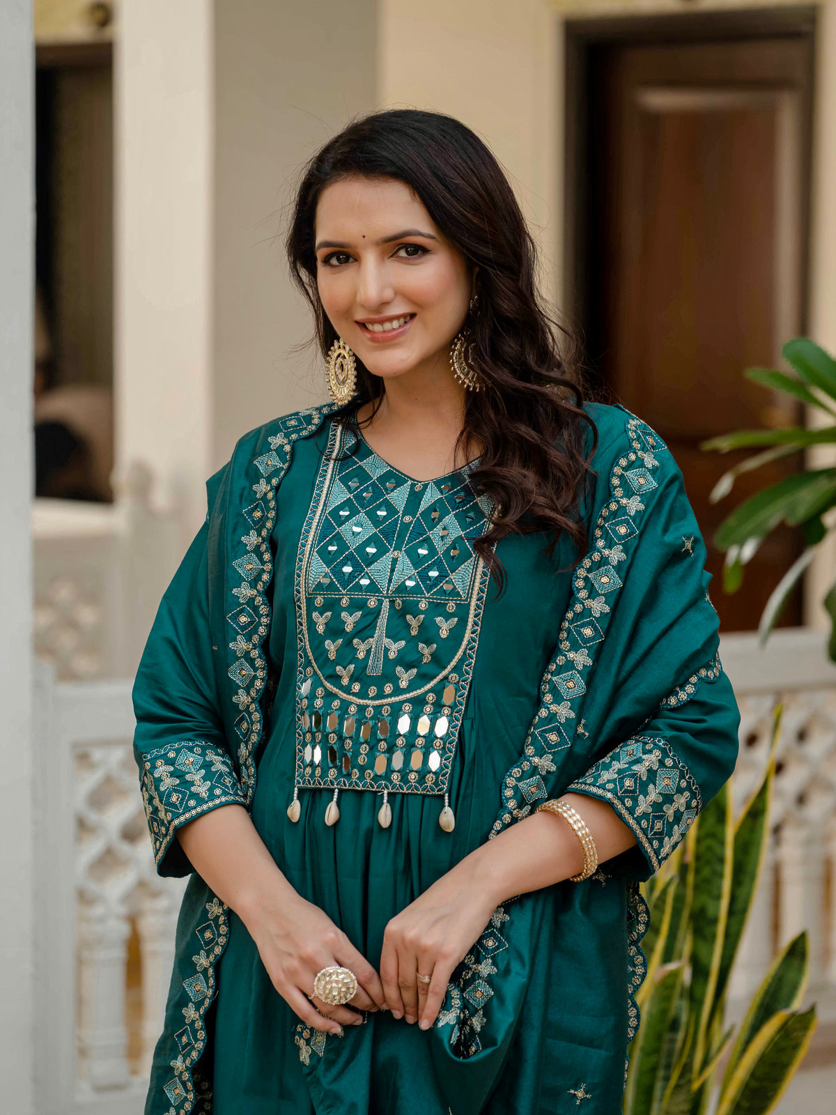 Teal Viscose Roman Silk Anarkali Kurti Pant Set