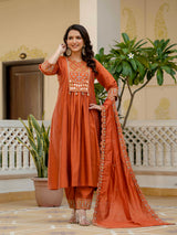 Orange Viscose Roman Silk Anarkali Kurti Pant Set