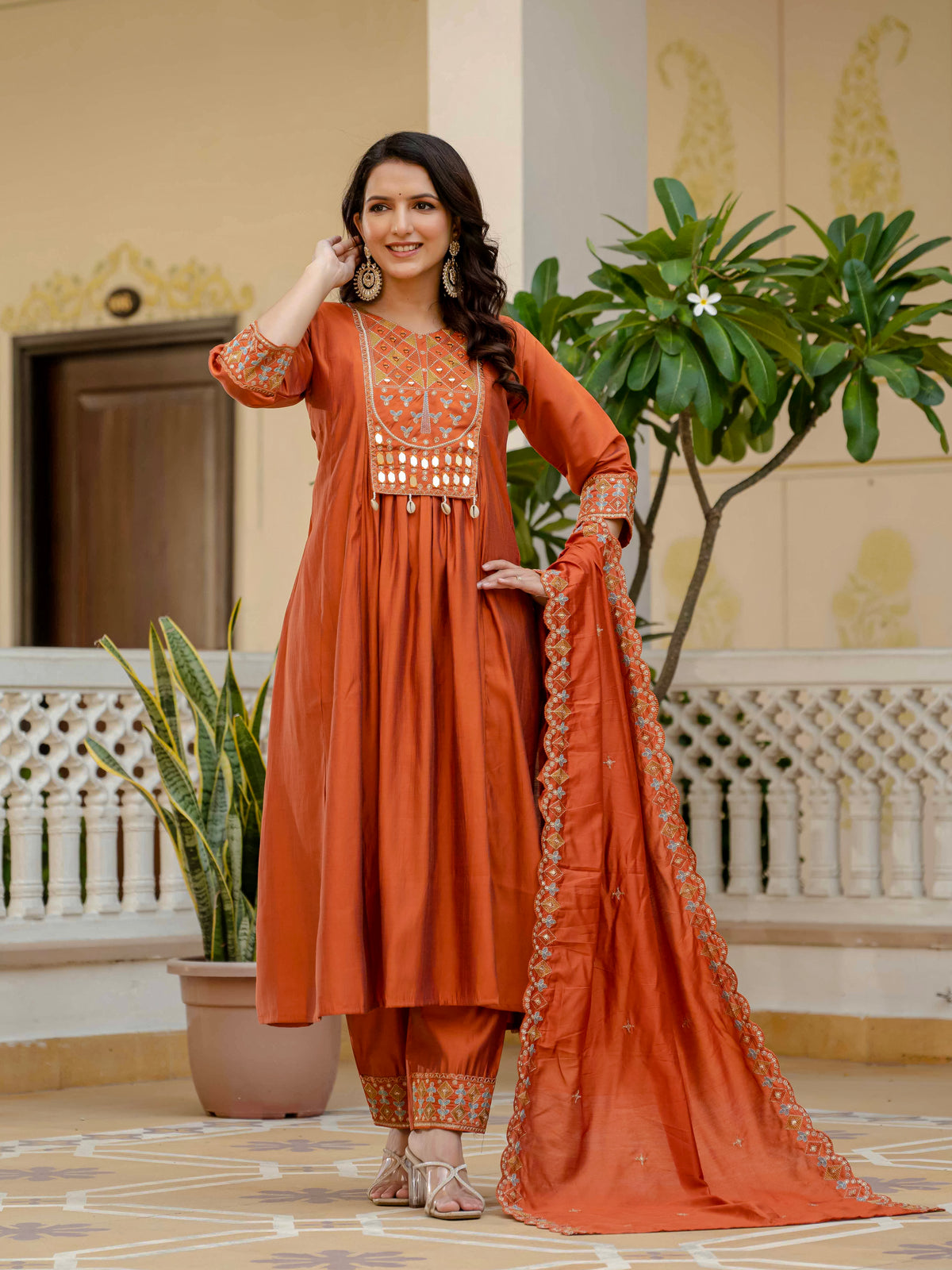 Orange Viscose Roman Silk Anarkali Kurti Pant Set
