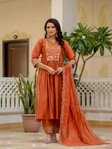 Orange Viscose Roman Silk Anarkali Kurti Pant Set