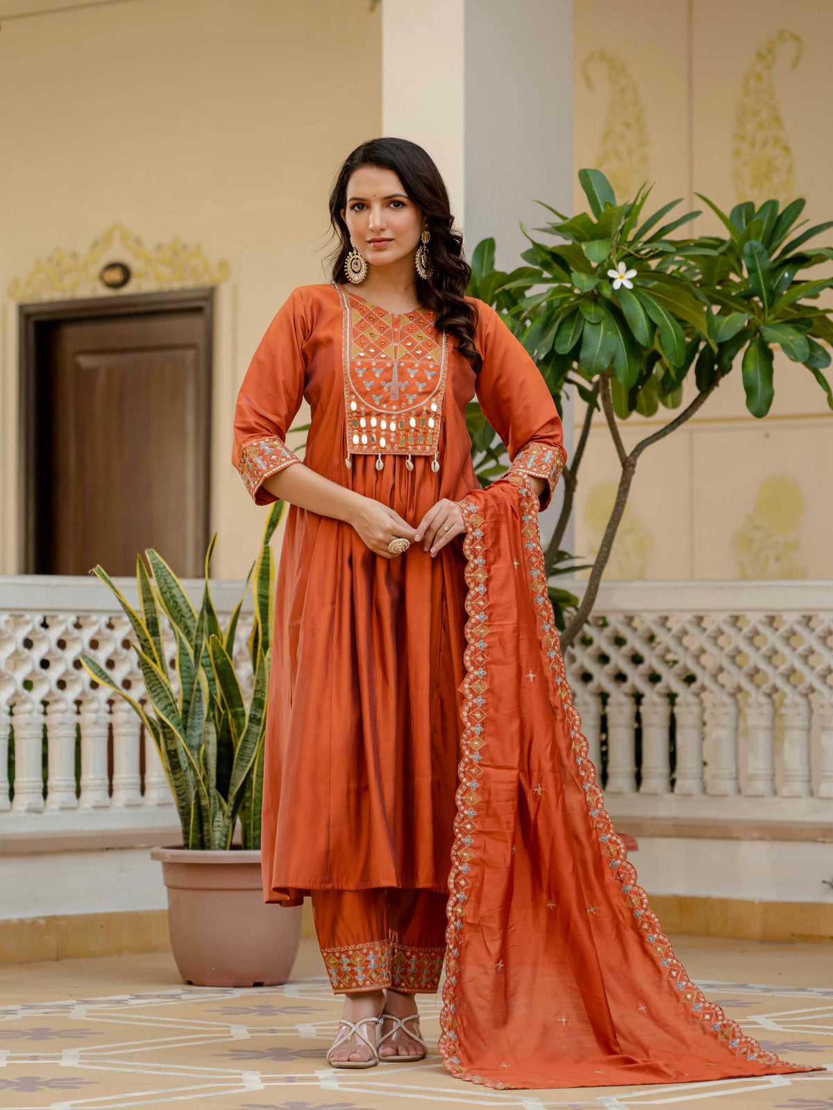 Orange Viscose Roman Silk Anarkali Kurti Pant Set