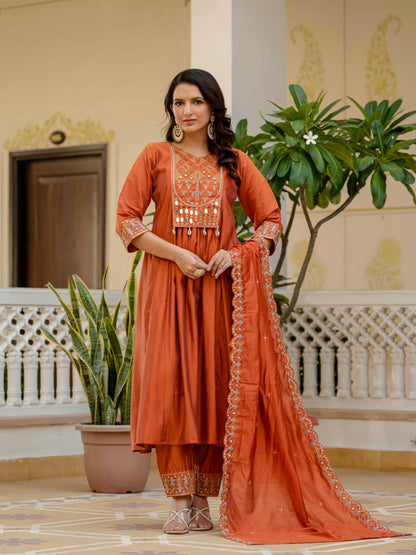 Orange Viscose Roman Silk Anarkali Kurti Pant Set