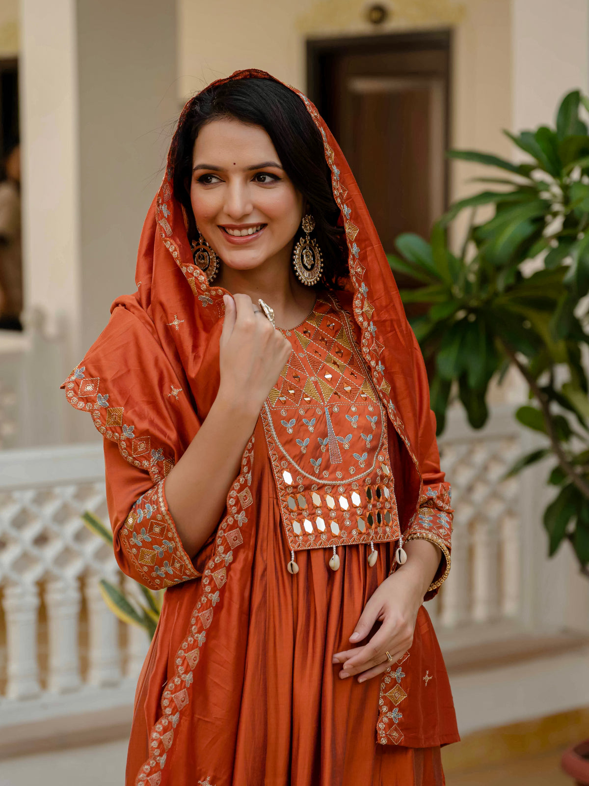 Orange Viscose Roman Silk Anarkali Kurti Pant Set
