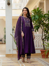 Purple Viscose Roman Silk Anarkali Kurti Pant Set