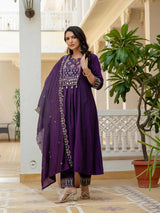Purple Viscose Roman Silk Anarkali Kurti Pant Set
