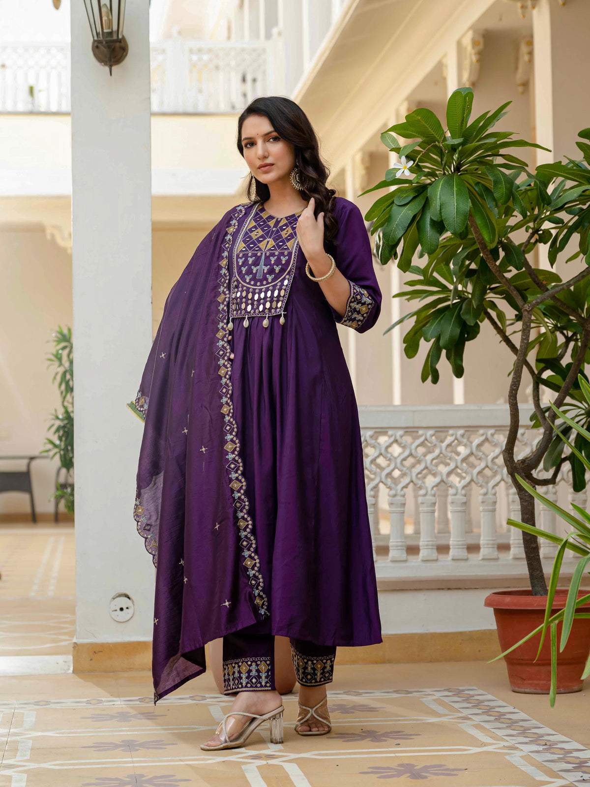 Purple Viscose Roman Silk Anarkali Kurti Pant Set