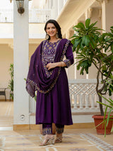 Purple Viscose Roman Silk Anarkali Kurti Pant Set