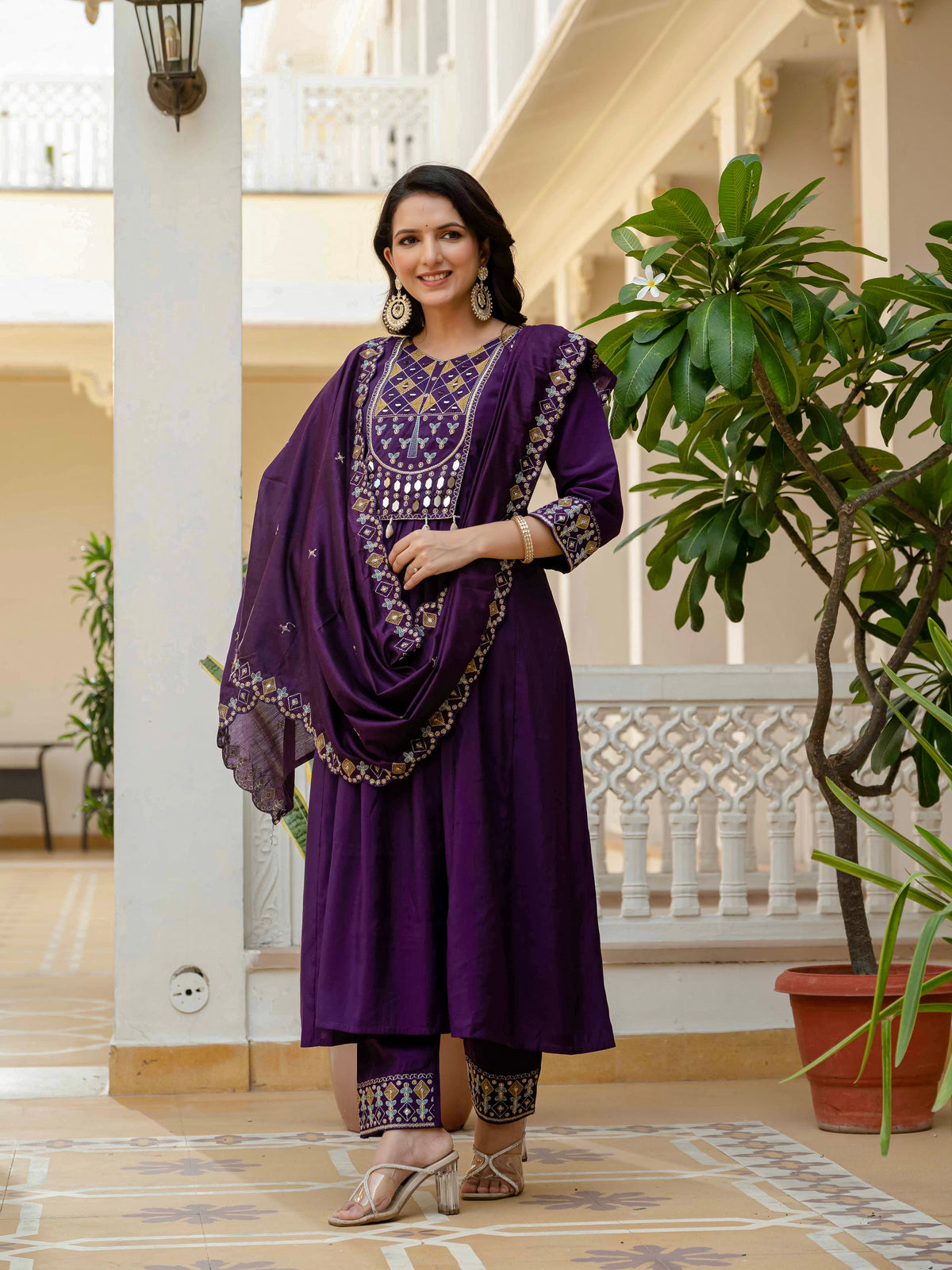 Purple Viscose Roman Silk Anarkali Kurti Pant Set