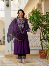 Purple Viscose Roman Silk Anarkali Kurti Pant Set