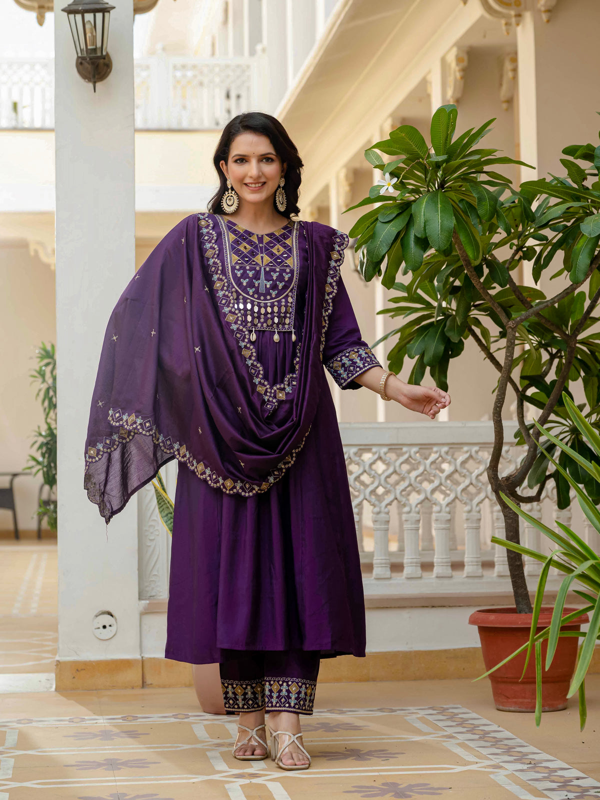 Purple Viscose Roman Silk Anarkali Kurti Pant Set